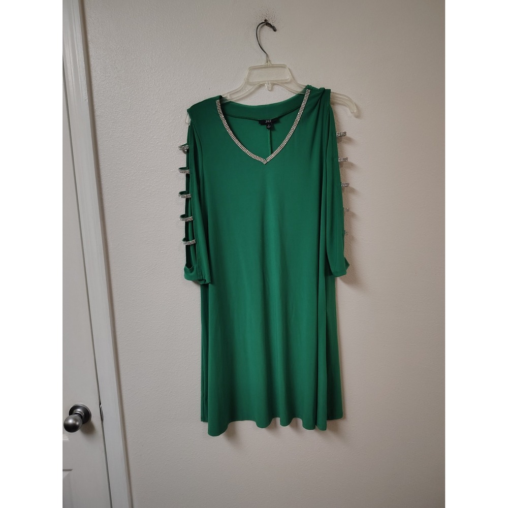 JBS Green Rhinestone V-Neck Cold Shoulder Long Sleeve Shift Dress Womens Medium